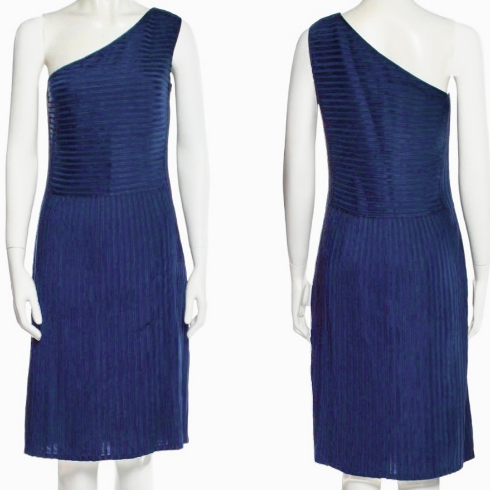 Adolfo Dominguez Designer Formal Midi Dress 6 One Shoulder Pintuck Navy Blue